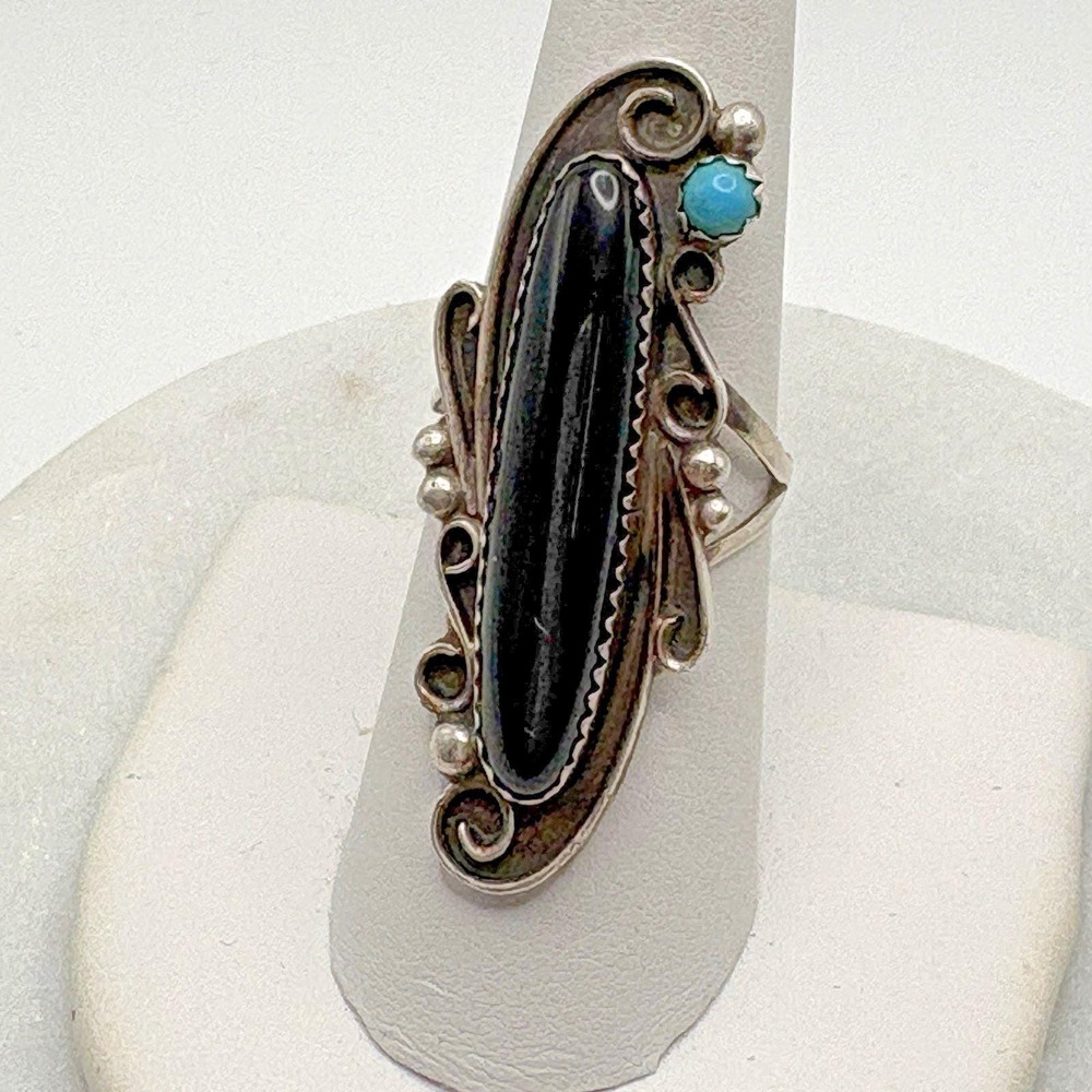 Vintage Navajo Southwest Sterling Silver Onyx Ring 8 Turqoise Knuckle Estate